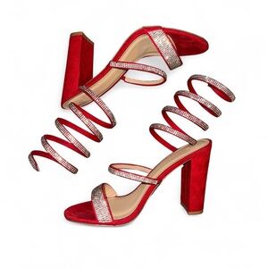 Red and silver sparkly high heels with wrap around ankle - US size women’s 7.5